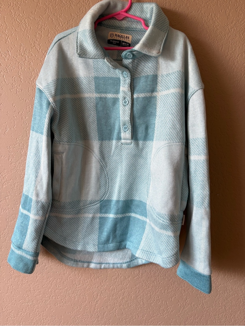 Magellan Outdoors Girls Size M (8-10) Blue Pullover Plaid Hand Pockets Warm